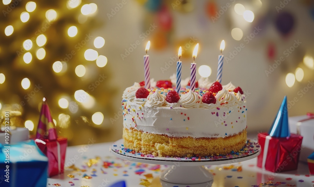 Delicious birthday cake, gifts, party hats and confetti on the table Delicious birthday cake, gifts, party hats and confetti on the table