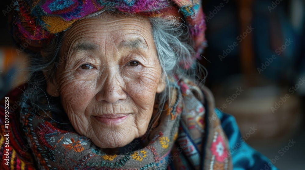 Against vibrant backgrounds, a dignified grandma's peaceful smile radiates with the serenity and fulfillment of a life well-lived Against vibrant backgrounds, a dignified grandma's peaceful smile radiates with the serenity and fulfillment of a life well-lived