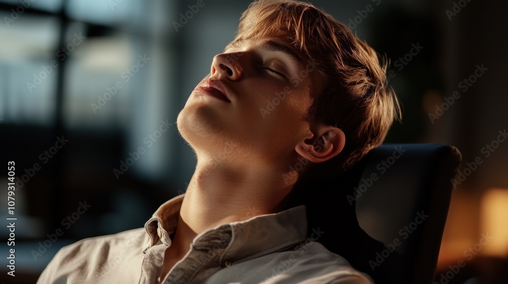 A young man relaxing in a dimly lit room. A young man relaxing in a dimly lit room.