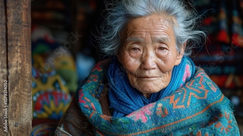 Against vibrant backgrounds, a dignified grandma's peaceful smile radiates with the serenity and fulfillment of a life well-lived