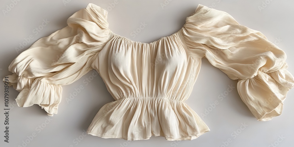 Stylish Light Beige Blouse With Puff Sleeves and a Cinched Waist, Laid Flat on a Neutral Background, Showcasing Modern Fashion Design and Elegant Details Stylish Light Beige Blouse With Puff Sleeves and a Cinched Waist, Laid Flat on a Neutral Background, Showcasing Modern Fashion Design and Elegant Details