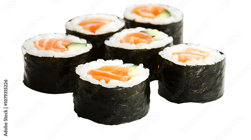 Delicious sushi rolls with salmon, avocado, and rice on a white background Delicious sushi rolls with salmon, avocado, and rice on a white background