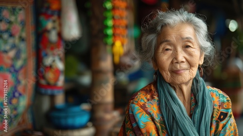 Against vibrant backgrounds, a dignified grandma's peaceful smile radiates with the serenity and fulfillment of a life well-lived