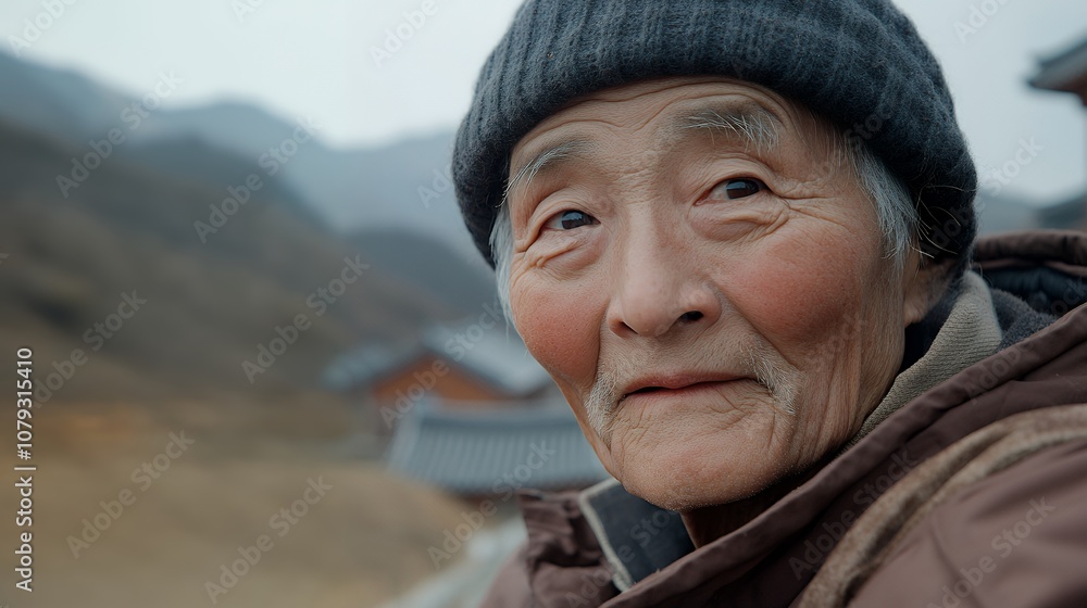 Portrait of an elderly man wearing a beanie, exuding wisdom and experience, set against a mountainous village backdrop Portrait of an elderly man wearing a beanie, exuding wisdom and experience, set against a mountainous village backdrop
