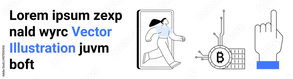 Stylized figure running out of a screen, Bitcoin with circuit connections, and hand pointing upward. Ideal for fintech, blockchain, cryptocurrency, technology, mobile apps, innovation, education Stylized figure running out of a screen, Bitcoin with circuit connections, and hand pointing upward. Ideal for fintech, blockchain, cryptocurrency, technology, mobile apps, innovation, education
