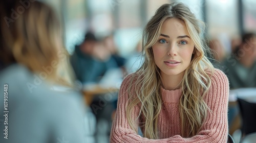 A young woman sits at a table in a cafe, looking directly at the camera with a thoughtful expression.