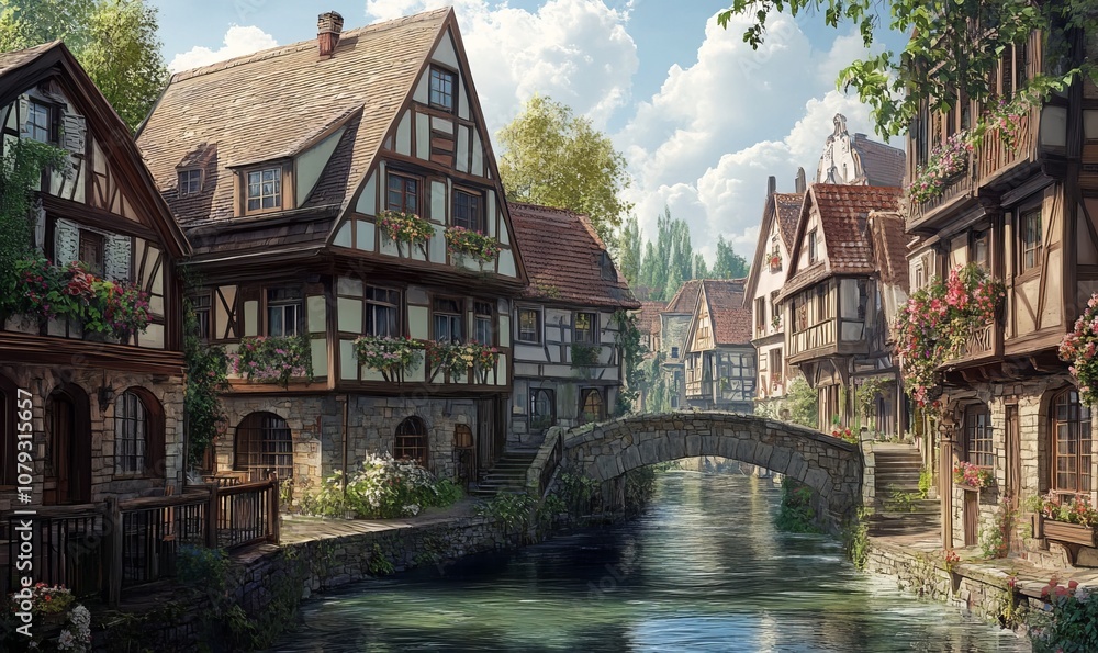Charming European townscape featuring traditional half-timbered buildings and stone houses with adorned balconies, a floral-decorated bridge, and a flowing river Charming European townscape featuring traditional half-timbered buildings and stone houses with adorned balconies, a floral-decorated bridge, and a flowing river