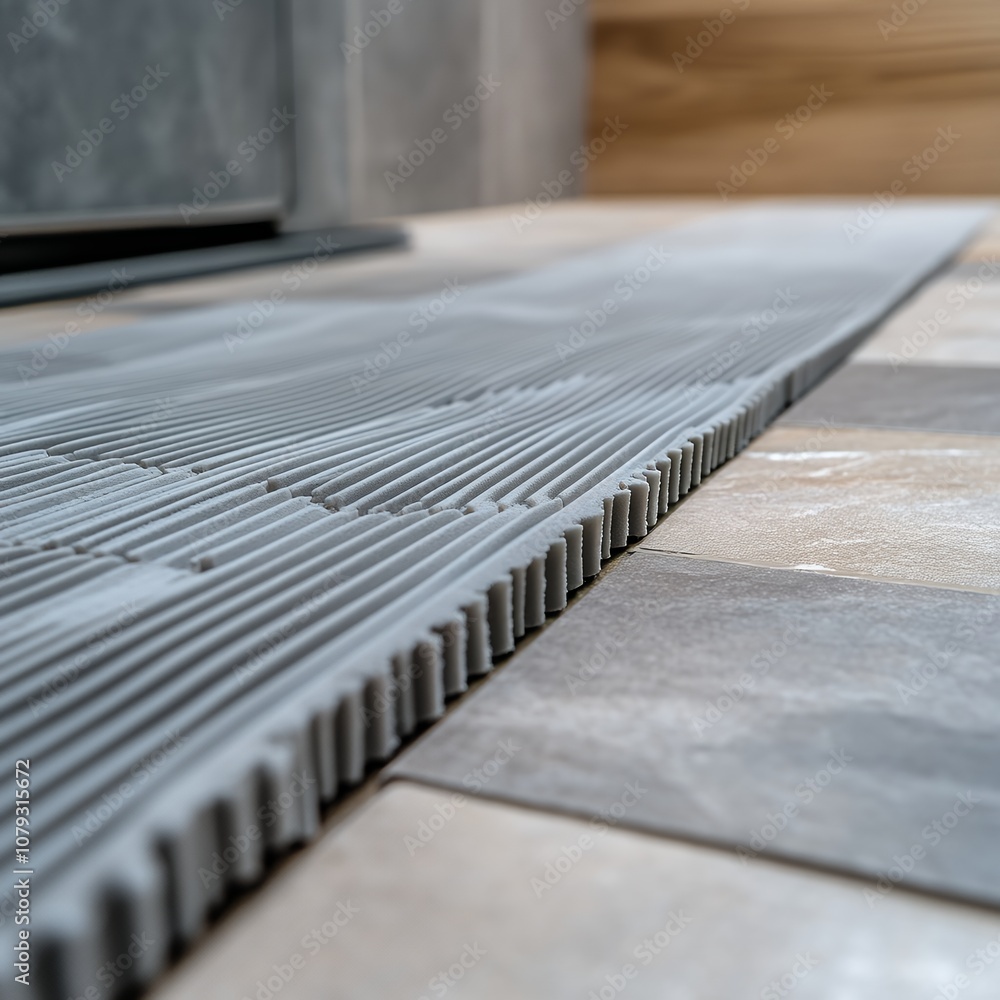 Detailed view of textured tile flooring being installed with precision, showcasing home improvement skills Detailed view of textured tile flooring being installed with precision, showcasing home improvement skills