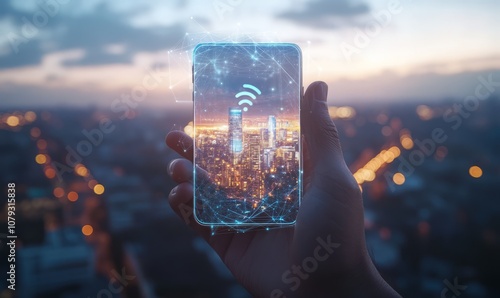 Creative background, a man's hand holds a phone with a 5G hologram on the background of the city. 5G network concept, high speed mobile internet, new generation networks photo