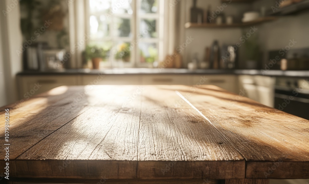 Close-up of a rustic wooden table with a blurred kitchen in the background, illuminated by natural sunlight coming through a window Close-up of a rustic wooden table with a blurred kitchen in the background, illuminated by natural sunlight coming through a window