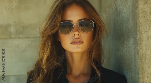 Wallpaper Mural Young woman with long brown hair wearing sunglasses, looking at the camera. Torontodigital.ca