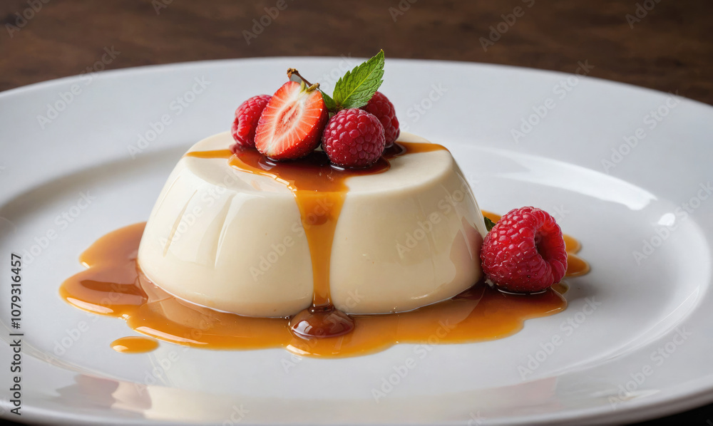 A creamy panna cotta is drizzled with caramel and topped with fresh berries A creamy panna cotta is drizzled with caramel and topped with fresh berries