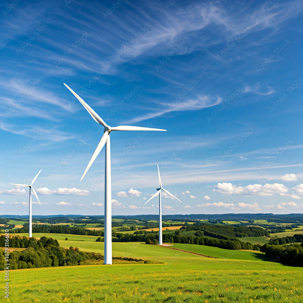 Three majestic wind turbines stand tall against a backdrop of rolling hills and a vibrant blue sky. Three majestic wind turbines stand tall against a backdrop of rolling hills and a vibrant blue sky.