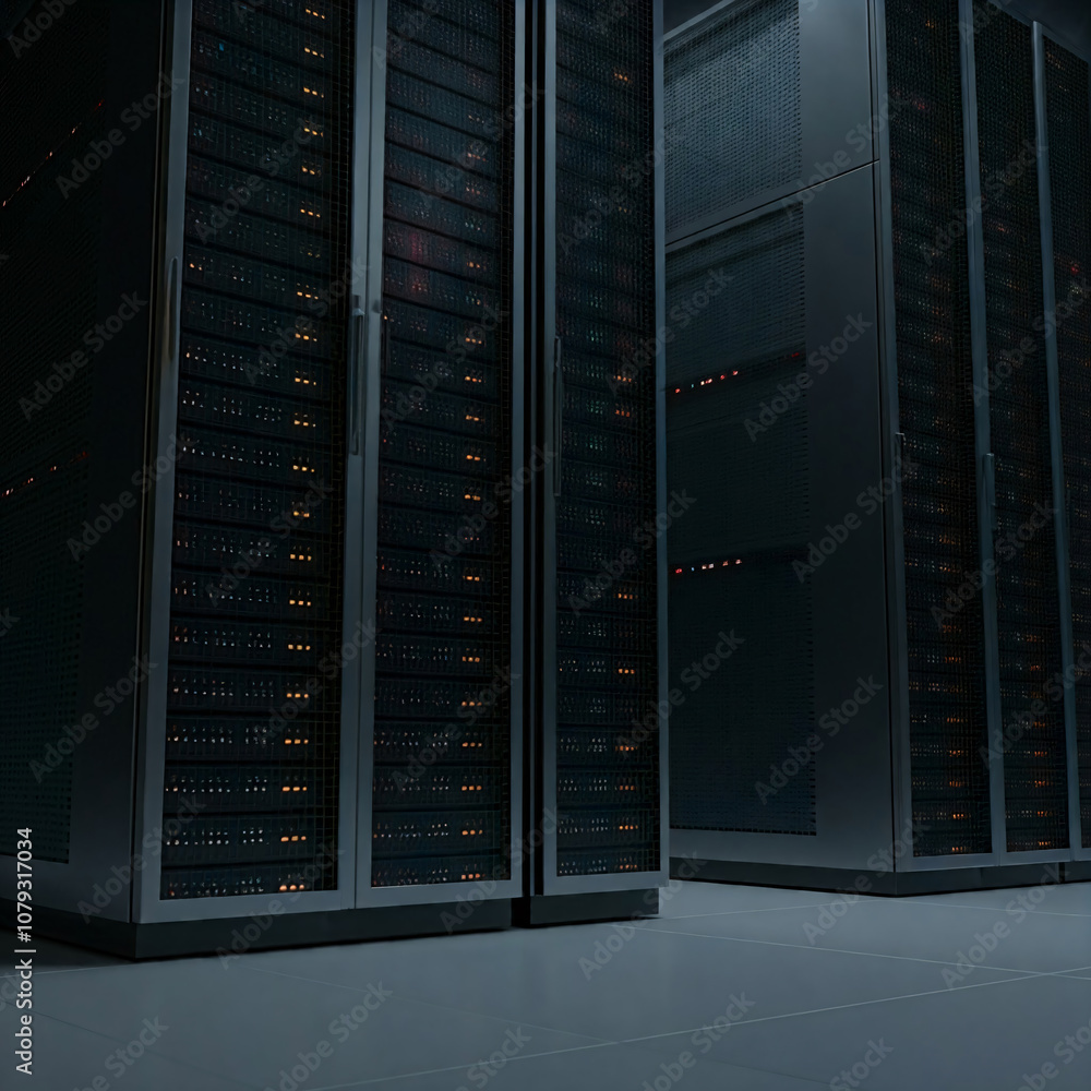 Rows of server racks in a data center with blinking lights Rows of server racks in a data center with blinking lights