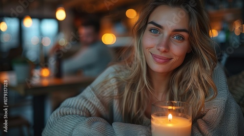 A young woman with a warm smile sits in a dimly lit cafe, holding a candle.
