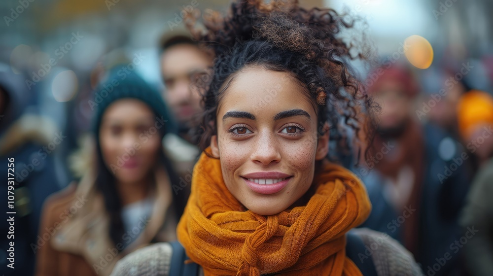 A young woman with curly hair and an orange scarf smiles at the camera while standing in a crowd. A young woman with curly hair and an orange scarf smiles at the camera while standing in a crowd.