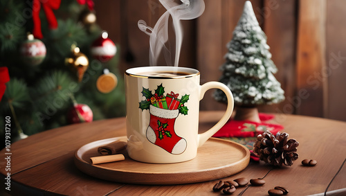 A steaming mug of coffee with a festive Christmas stocking design sits on a wooden table with coffee beans and a cinnamon stick.