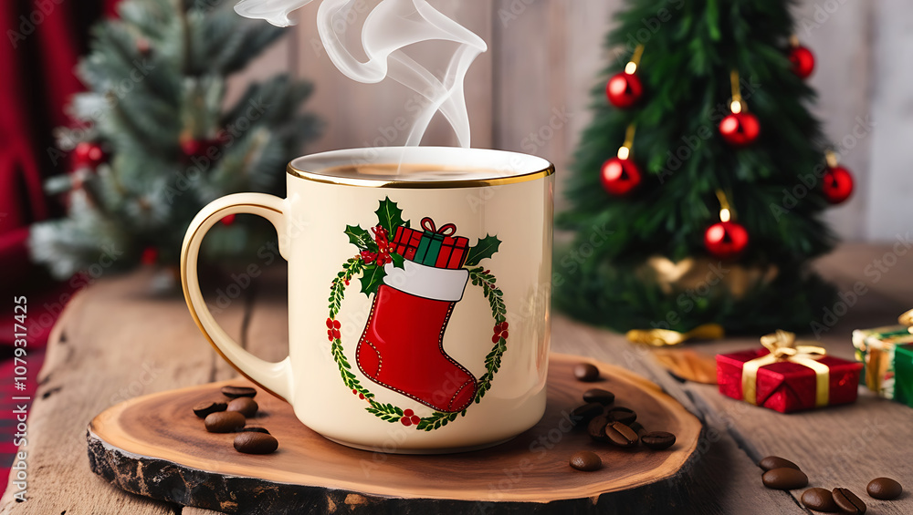 A steaming mug of coffee with a Christmas stocking design on a wooden table with a miniature Christmas tree and gifts. A steaming mug of coffee with a Christmas stocking design on a wooden table with a miniature Christmas tree and gifts.
