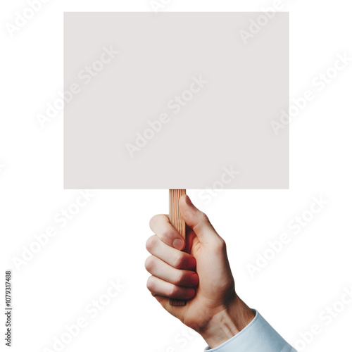 a person's hand holding a blank, white rectangular sign isolated on transparent background. The image is a visual metaphor for protest, demonstration, or making a statement.