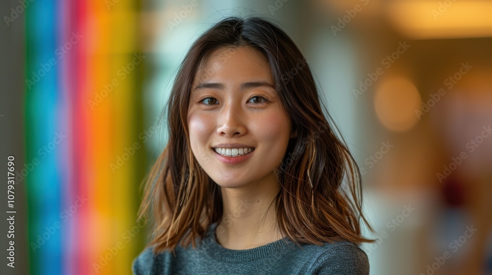 Amidst a spectrum of colors, a determined Asian student's poised posture signifies her dedication to academic excellence Amidst a spectrum of colors, a determined Asian student's poised posture signifies her dedication to academic excellence
