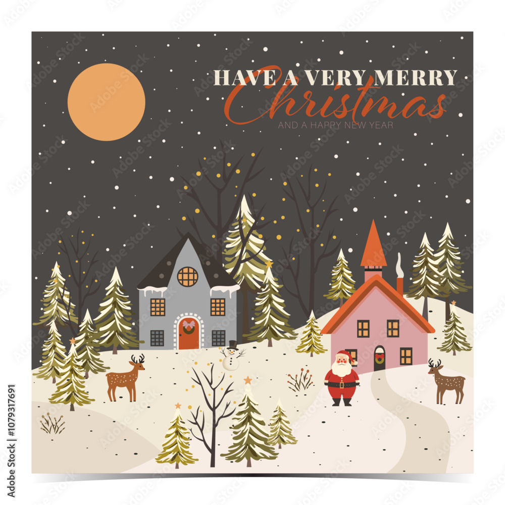 Fototapeta premium Merry Christmas - peaceful winter Santa Claus village, colorful houses, Santa Claus, trees, reindeers and snowman in the snowy surroundings, colorful text, card, banner, postcard, vector illustration