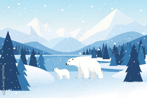 Polar bears in a mountain forest. A mother bear and her cub walk among the trees against the backdrop of a beautiful snow-covered mountain landscape with a lake. Beautiful polar bear in the north.