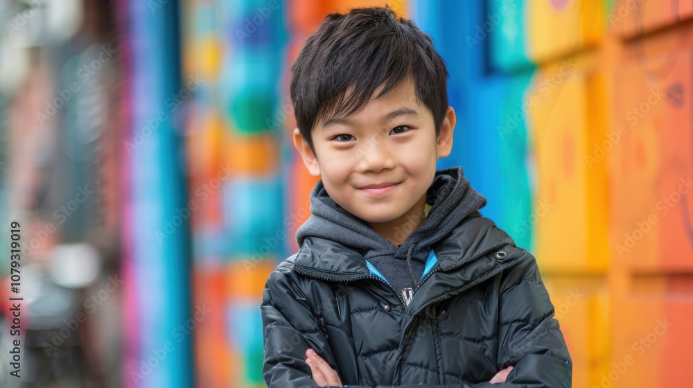 Amidst a vivid backdrop, a confident Asian boy's charismatic pose symbolizes his natural charm and youthful confidence Amidst a vivid backdrop, a confident Asian boy's charismatic pose symbolizes his natural charm and youthful confidence