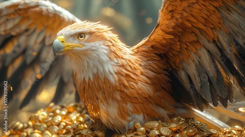 A majestic golden eagle with outstretched wings perches atop a pile of glittering gold coins. photo