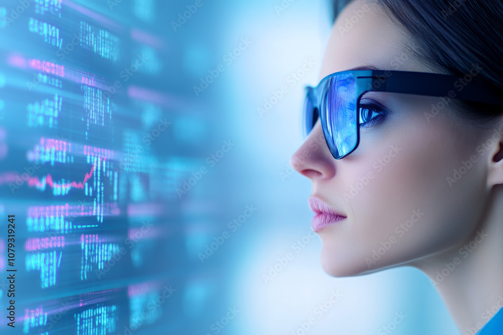 Woman analyzing data on a digital screen in futuristic eyewear Woman analyzing data on a digital screen in futuristic eyewear