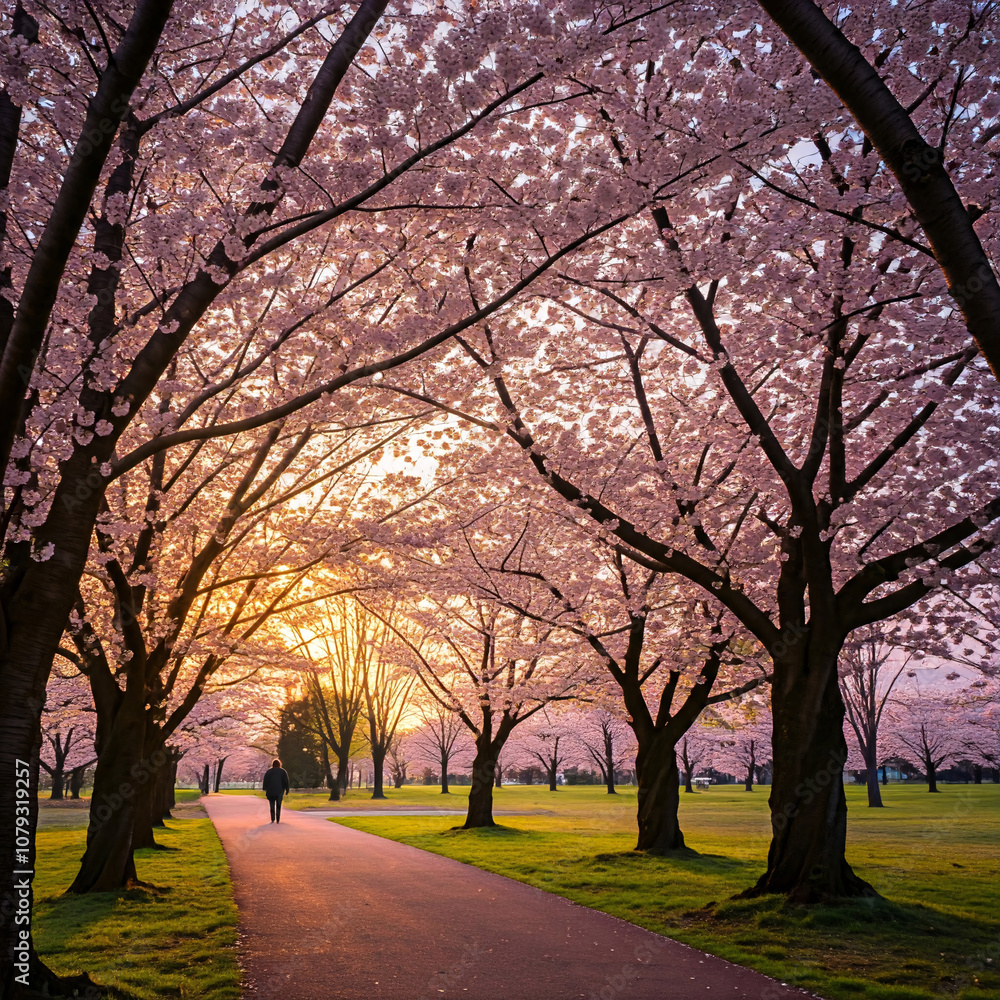 Fototapeta premium A person walks a path lined with vibrant pink cherry blossoms at sunset