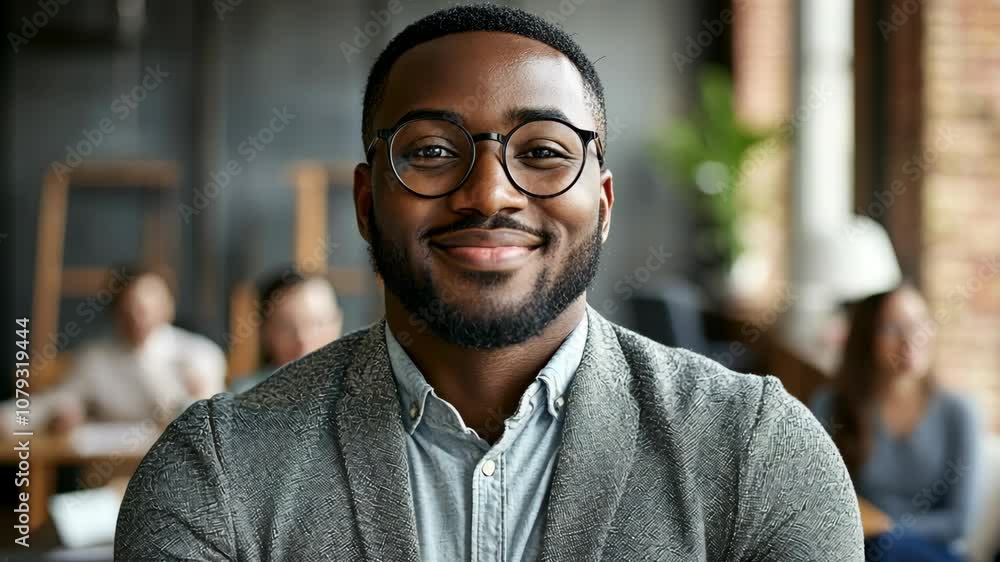A man in a gray jacket and glasses smiles confidently in an office setting A man in a gray jacket and glasses smiles confidently in an office setting