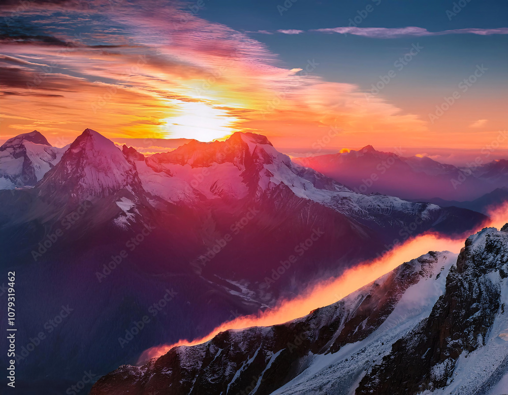 Dramatic mountain scenery at sunset with a vibrant sky Dramatic mountain scenery at sunset with a vibrant sky