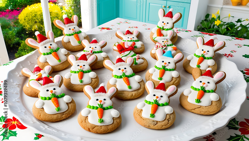 A platter of gingerbread cookies decorated as Christmas bunnies, each with a Santa hat, a carrot nose, and green icing. A platter of gingerbread cookies decorated as Christmas bunnies, each with a Santa hat, a carrot nose, and green icing.