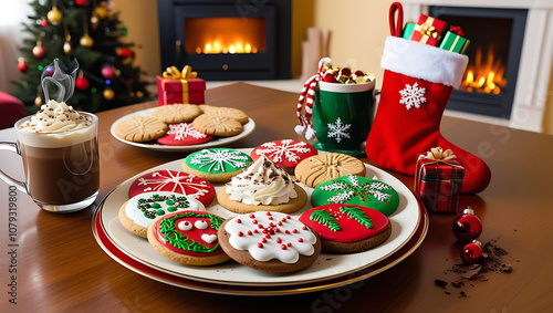 Christmas cookies, hot cocoa, and a stocking full of gifts on a table in front of a fireplace. photo