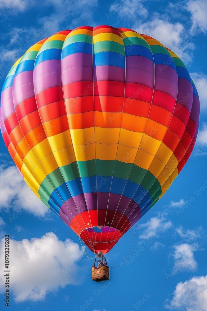 A vibrant rainbow hot air balloon floats against a bright blue sky dotted with fluffy white clouds during a sunny afternoon A vibrant rainbow hot air balloon floats against a bright blue sky dotted with fluffy white clouds during a sunny afternoon