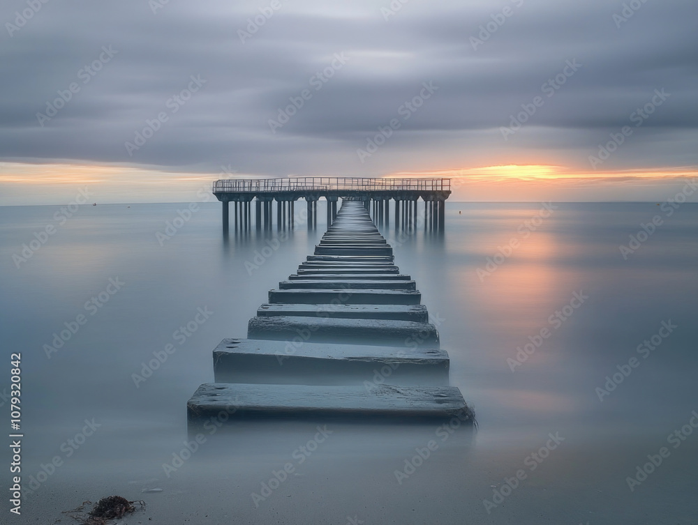 Fototapeta premium A long pier stretches into the ocean, its steps leading towards a hazy sunrise. The sky is a pale canvas of blue and pink, and the water reflects the soft light of dawn