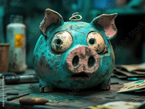 Dead Piggy Bank. Bankruptcy and business closure. Economic crisis, pandemic quarantine measures. Unprofitable business, lack of customers and high risks. Subsidizing and lending by the state. photo