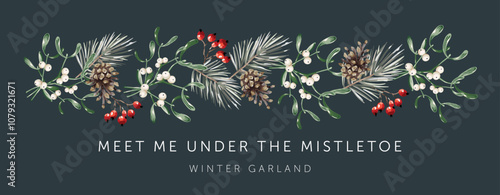 Christmas garland, text, black background. Mistletoe, green pine twigs, cones, red berries. Winter nature design. Vector illustration. Greeting banner template. Xmas forest