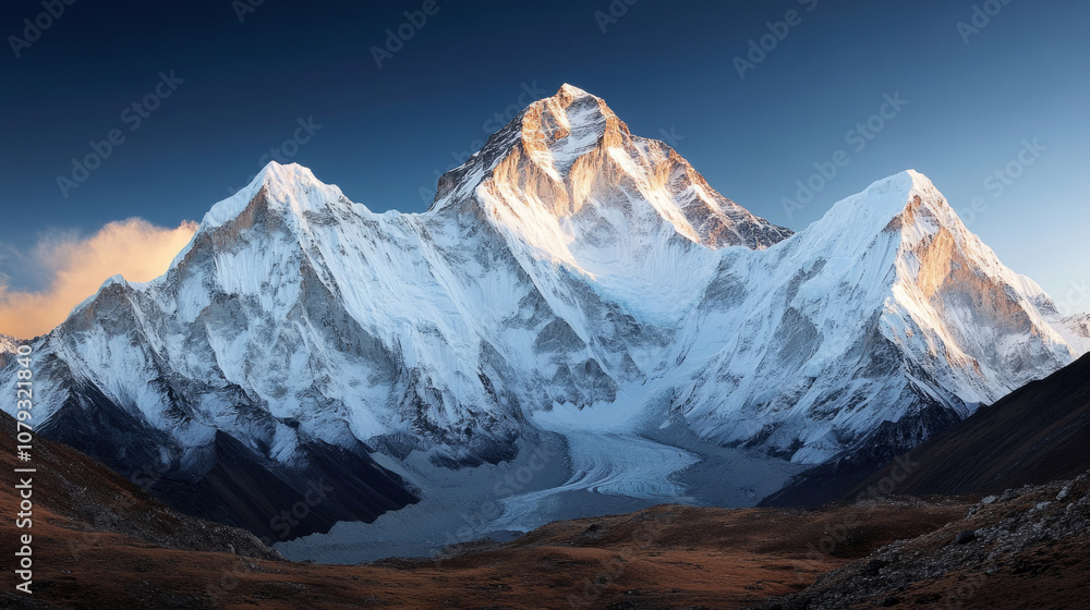 Fototapeta premium Majestic snow-capped peaks of the Himalayas at dawn near Everest base camp