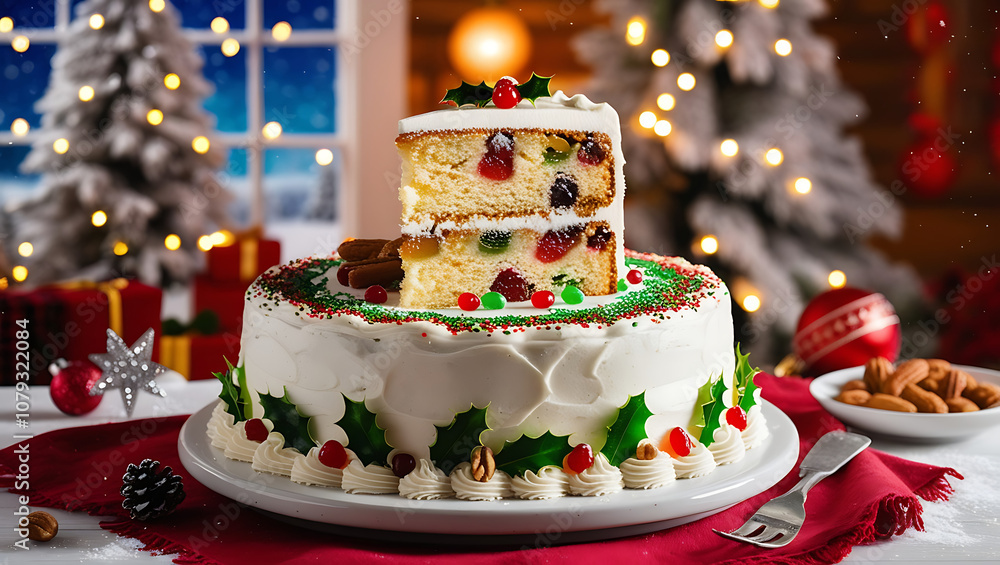 A delicious Christmas cake with white frosting and red and green candies. The cake is sliced and has a close-up view of the inside with candied fruit. A delicious Christmas cake with white frosting and red and green candies. The cake is sliced and has a close-up view of the inside with candied fruit.