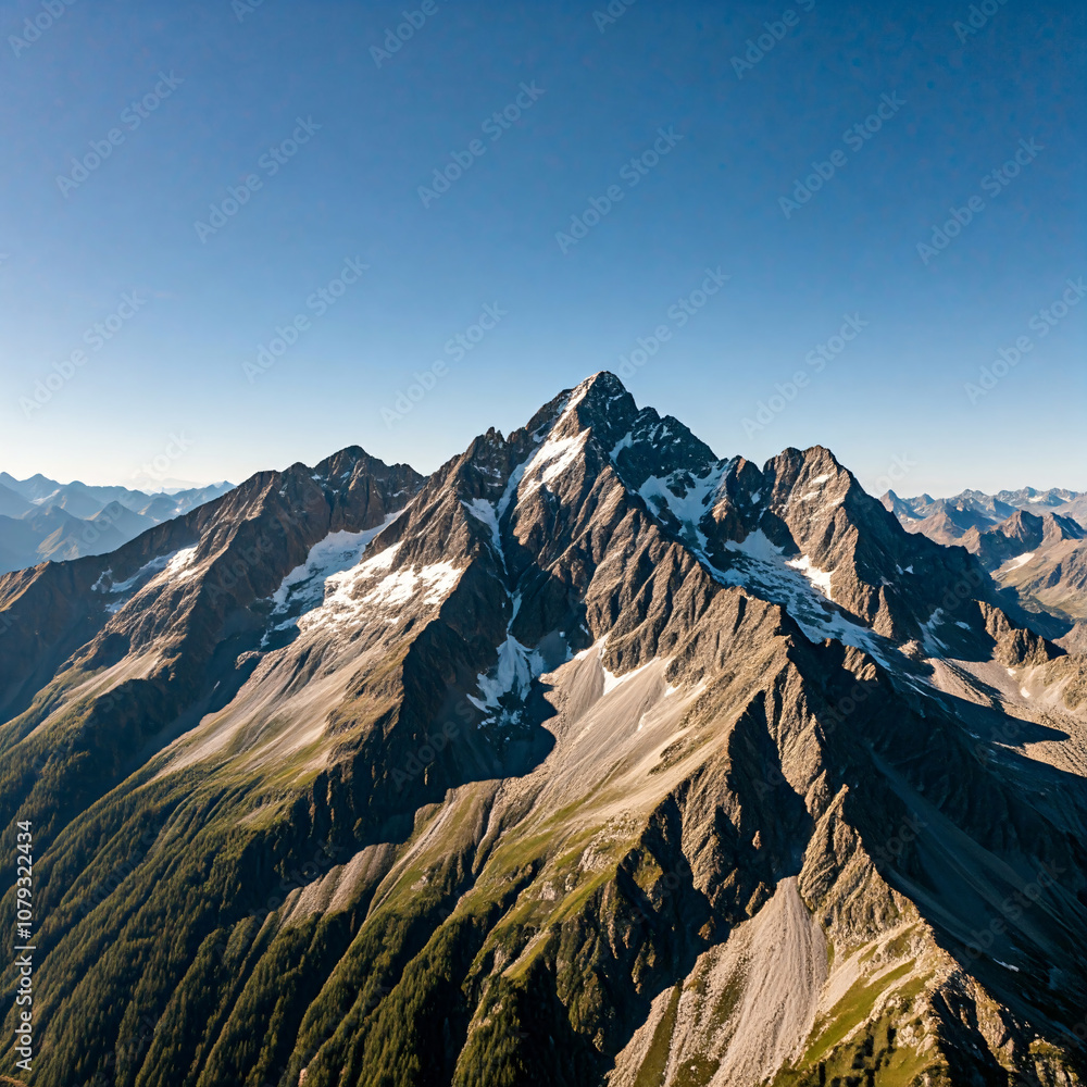 Fototapeta premium A majestic mountain peak with snow-capped summit against a clear blue sky
