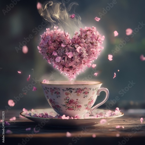 Porcelain cup with saucer and floral pattern, steam forms a heart of pink flowers