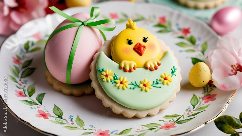 A yellow chick cookie with icing peeks out from a green and white decorated cookie shaped like an egg, sitting next to a pink egg with a green ribbon. A yellow chick cookie with icing peeks out from a green and white decorated cookie shaped like an egg, sitting next to a pink egg with a green ribbon.