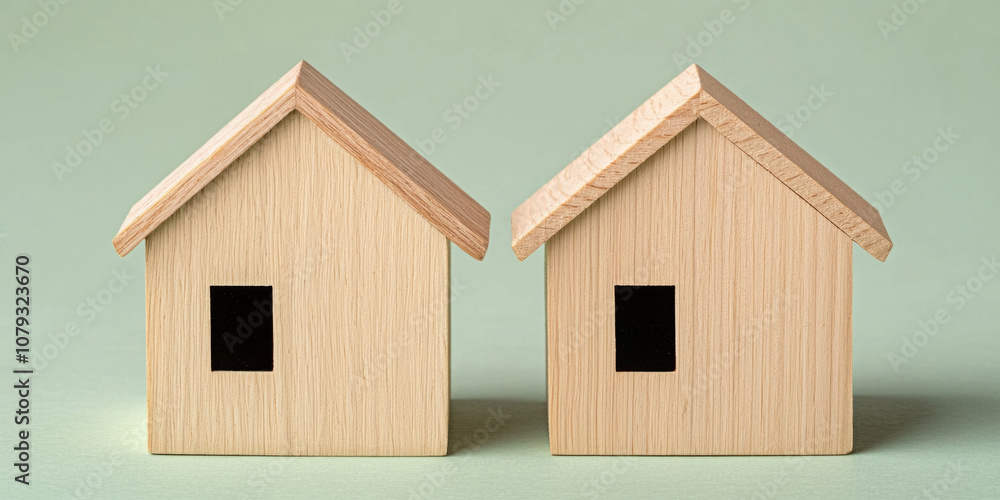Wooden miniature houses in simple design on light green background Wooden miniature houses in simple design on light green background