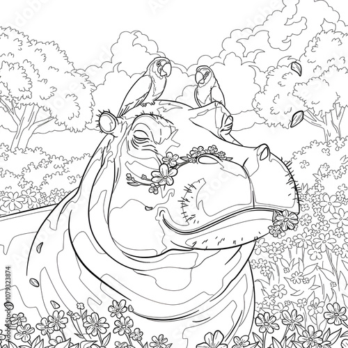 Hippopotamus in the forest colouring page