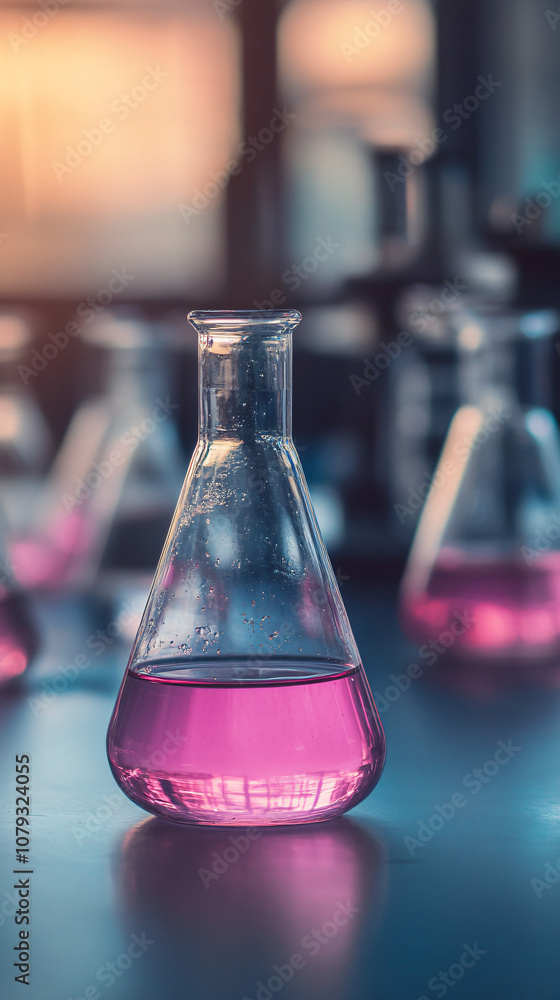 Pink liquid chemical substance in a laboratory glass erlenmeyer flask, reflecting on a table Pink liquid chemical substance in a laboratory glass erlenmeyer flask, reflecting on a table