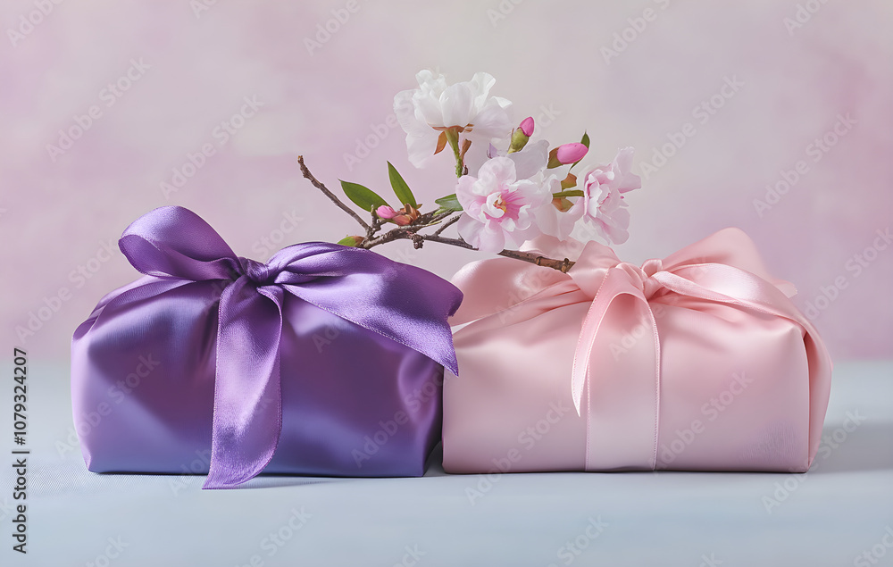 Elegant Furoshiki Gift Wrapping with Sakura Blossom - Japanese Art of Gift Wrapping in Pastel Colors, AI GENERAT Elegant Furoshiki Gift Wrapping with Sakura Blossom - Japanese Art of Gift Wrapping in Pastel Colors, AI GENERAT