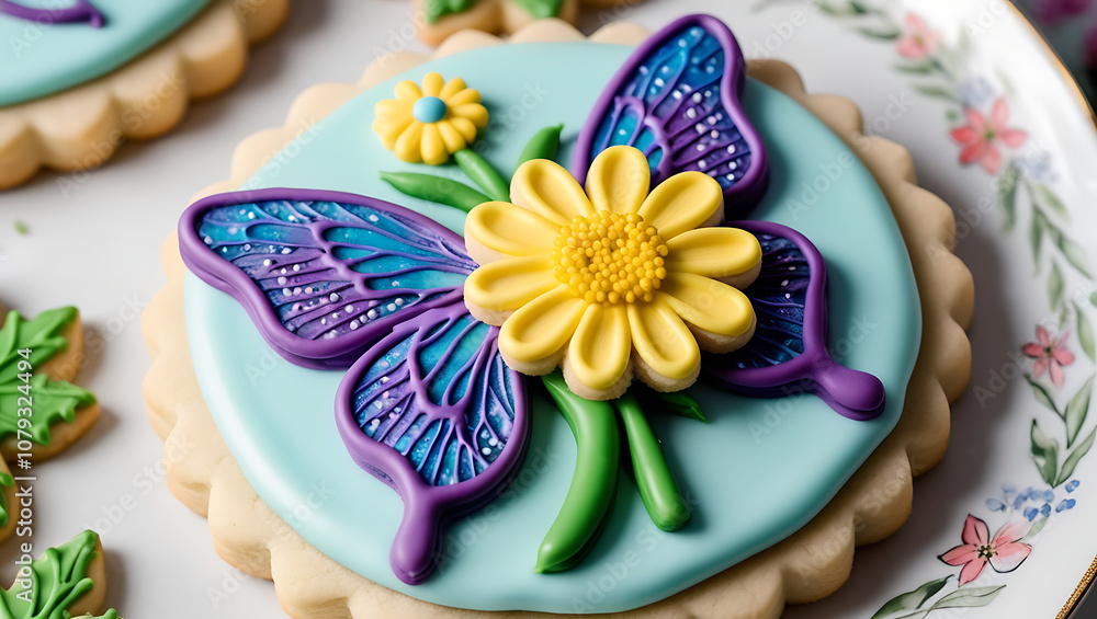 A decorated sugar cookie with a purple butterfly and yellow flower. A decorated sugar cookie with a purple butterfly and yellow flower.