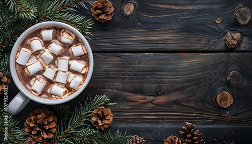 Cozy hot chocolate with marshmallows, rustic wooden background, perfect for holiday cards