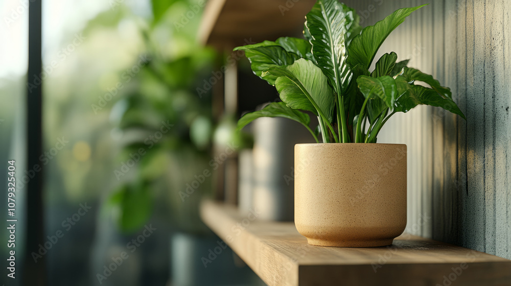 A serene indoor plant in a minimalistic pot on a wooden shelf A serene indoor plant in a minimalistic pot on a wooden shelf